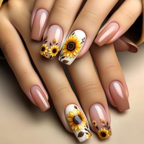 Flower MIXFOSAHN Press on Nails Medium Square Fake Nails Yellow Nude False Nails with Bright Sunflower Designs Glossy Full Cover Stick on Nails Flower Nails Glue on Nails for Women Girls 24 Pcs - color: Flower Square16