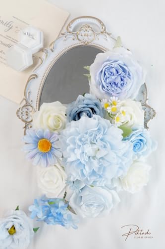 Artificial Flower Combination Box Set Artificial Flower Loose Leaves and Stems DIY Wedding Center Bouquet Bride Wedding Baby Shower(Fresh Light Blue) - color: Fresh Light Blue