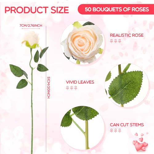 Jexine 50 Pcs Artificial Rose Flower Bulk Realistic Silk Fake Roses with Long Stem Plastic Artificial Flower Bouquet Real Looking for Home Wedding Centerpieces Party Decoration(Beige Champagne) - color: Beige Champagne