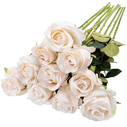Nubry Artificial Silk Rose Flower Single Stem Lifelike Vintage Fake Rose for Wedding Bouquet Floral Arrangements Home Party Centerpiece Decoration, 10pcs (Vintage Ivory) - color: Vintage Ivory