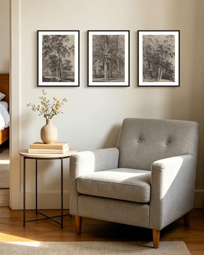 PHOPAGO Vintage Tree Framed Wall Art Retro Forest Wall Decor Nature Wilderness Sketch Paints Modern Bedroom Living Room Decor - 11x14in Black Framed - color: Brown Tree, size: 14L" x 11W" x 3 Pcs Black