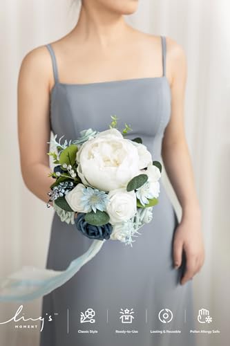 Ling's moment Dusty Blue Artificial Wedding Flower Bouquets for Bridesmaids White Floral Bouquet Light Blue Bridal Bouquets for Bridesmaids with Ribbon Ceremony Anniversary,7-inch Diameter - color: Blu-dusty Blue & Navy