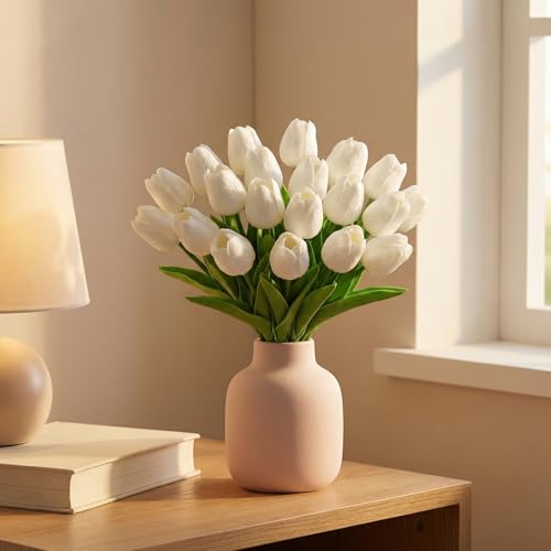 20 Stems Artificial Tulips Pure White PU Fake Flowers Fake Tulips for Valentine's Day Wedding Home Spring Decor