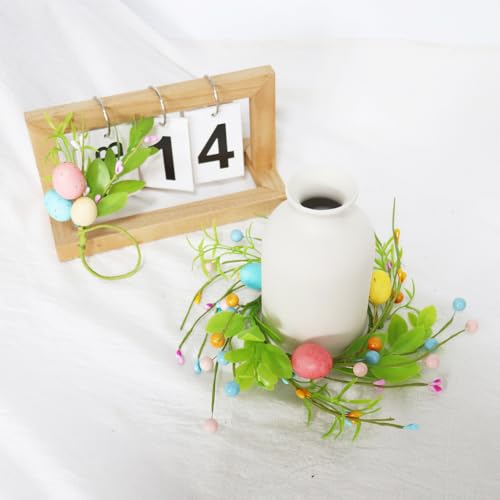 Easter Egg Candle Ring Spring Wreath Artificial Green Leaves Berry Candle Holder 8.66" for Easter Wedding Home Kitchen Table Centerpiece - color: Easter