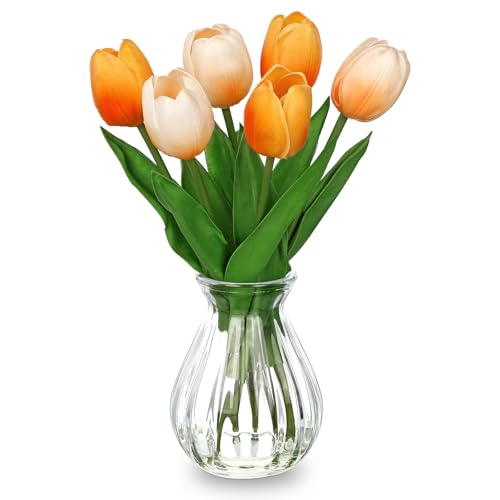 Faux Tulips Flowers Floral Arrangement - 6 Pcs Artificial Flowers with Clear Glass Vase with Faux Water 12.5" Orange & Cream Ombre Fake Tulip Bouquet Centerpiece for Dining Table Home Desk Decor - color: Orange & Cream Ombre