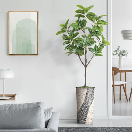 Artificial Tree in Geometric Pattern Planter, Fake Rubber Silk TRE for Indoor and Outdoor Home Decoration - 70" Overall Tall (Plant Pot Plus Tree) - style: Magnolia Tree