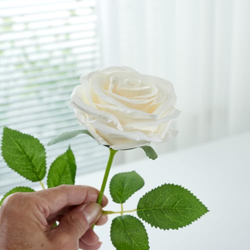 50pcs Ivory Roses Artificial Flowers Bulk Fake White Roses Silk Flower with Stems Realistic Flowers for Wedding Centerpiece Party Birthday Decor - color: 50pcs Ivory