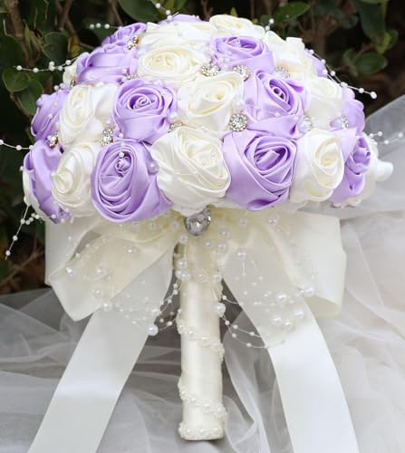 Ujicde Romantic Wedding Bouquet Bridal Bridesmaid Round Bling Brooch Bouquet Throw Toss Artificial Rose Flower Bunch with Sparkle Rhinestone Crystal Decoration(Purple+Ivory,Dia. 6.3"*16cm) - color: Purple+ivory, size: Dia. 6.3"*16cm
