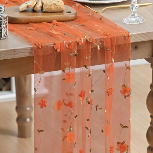 Artoid Mode 3D Flower Orange Gauze Embroidery Table Runner 120 Inch 10FT, Tulle Seasonal Spring Kitchen Dining Holiday Table Decor for Home Party - color: Orange
