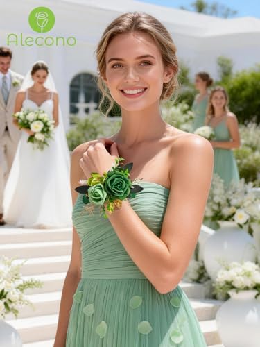 Alecono Green Corsage and Boutonniere Set, Corsages for Bride Bridesmaid Groom Bridegroom, Artificial Flowers for Prom Graduation Ceremony Anniversary - color: Green, size: Corsage and Boutonniere Set