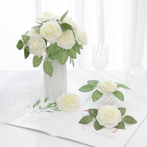 DerBlue 60pcs Artificial Roses Flowers Real Looking Fake Roses Artificial Foam Roses Decoration DIY for Wedding,Arrangements Party Home Decorations - color: Cream White