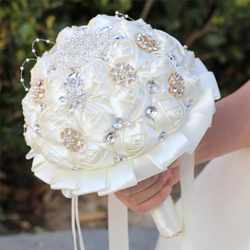7.5" Ivory Bridal Wedding Bouquet Round Holding Bouquet Throw Toss Artificial Rose Flower Bunch for Bride Bridesmaid Wedding Quinceanera - color: Ivory, size: Small (Dia. 7.5"/19cm)