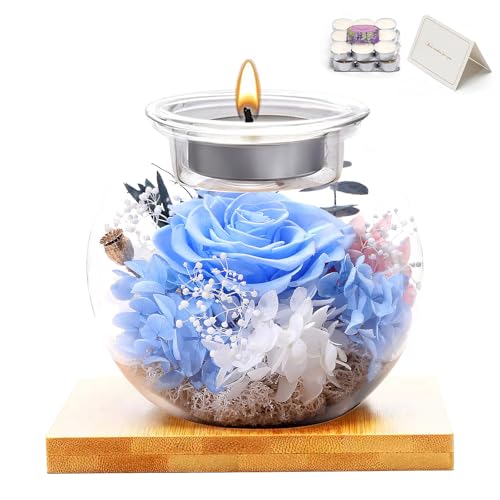 Flowers for Delivery, Preserved Flower in Glass Dome with Scented Candle, Long Lasting Rose Gifts for Women Wife Girlfriend on Christmas Mothers Day Valentines Day Birthday (Blue) - color: Blue