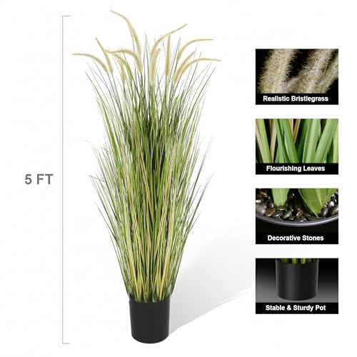KOL Artificial 5ft Horsetail Reed Grass – 59in Tall Faux Grass Plant in Pot, Indoor Outdoor Artificial Greenery for Home, Office, Wedding & Party Decor - size: 5FT