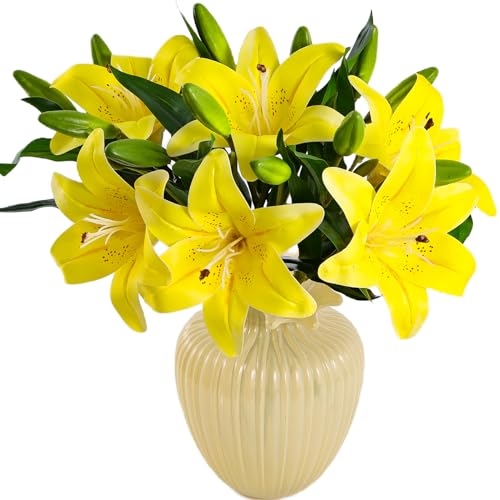 Kimura's Cabin 6Pcs Fake Lilies Artificial Flowers Real Touch Faux Tiger Lily with Stems Fake Lilys Plants for Easter Floral Arrangements Wedding Bouquet Home Table Centerpiece Decor (Yellow) - color: Yellow