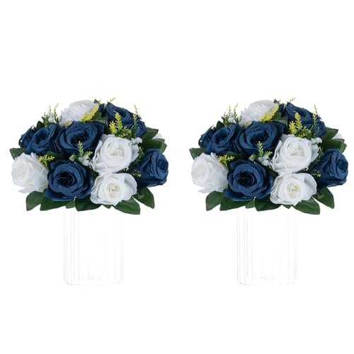 NUPTIO Artificial Flower Centrepieces for Tables - 2 Pcs 9.5in Diameter Navy Blue & White Fake Flowers Roses Balls - Silk Faux Rose Arrangement for Wedding Party Centerpiece Table Decorations - color: Navy Blue & White, size: 2 Pcs