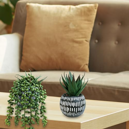 Winlyn Set of 3 Small Artificial Succulent Potted Plants Faux Aloe Hops Hanging Succulent in Black Concrete Planters for Gift Home Office Bathroom Living Room Wedding Windowsill Table Shelf Desk Décor - color: Black Pot