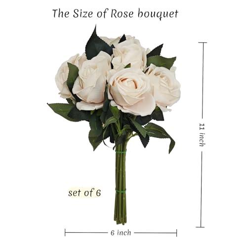 Set of 6 Pre-Made Artificial Rose Bouquets for Wedding, Velvet Silk Rose Bouquets for Bridesmaids, Fake Realistic Rose for Mohter's Day Valentine's Day Proposal Party Home Decor (Champagne) - color: Champagne