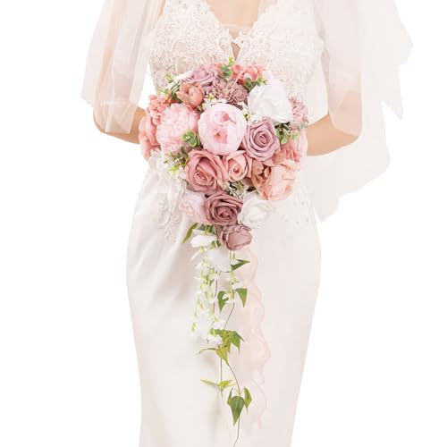 Bridal Bouquet Cascading, Dusty Rose Wedding Bouquets for Bride Bridesmaid 10" Artificial Flowers Bouquet for Wedding Decor - color: Dusty Rose & White