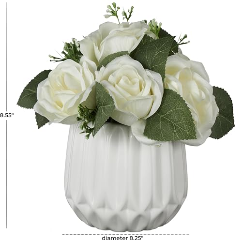 Deco 79 Fabric Artificial Flower with Green Leaves and Round Ceramic Vase, 8" x 8" x 9", White - color: White, size: 8" x 8" x 9"