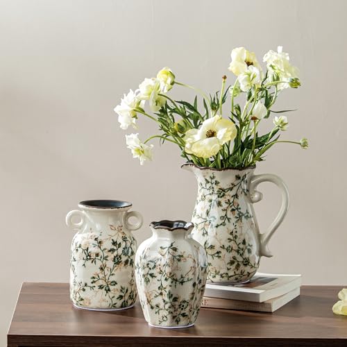 Ceramic Flower Vases Set of 3 | Green Rustic Farmhouse Vase Set for Home Decor, Vintage Floral Decorative Vase for Living Room & Kitchen, Mantel & Bookshelf, Centerpieces, Entryway(5.7+5.9+7.1Inch) - color: 06-green and Beige-set of Three