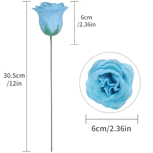 Light Blue Roses Artificial Flowers,30PCS Fake Glitter Roses with Stem for Wedding Bouquet Party Christmas Home Decor(Light Blue) - color: Light Blue