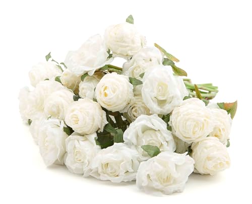 PONKING Rose Artificial Flower 28pcs Realistic Faux Silk Roses Fake Flowers Bouquets Arrangements Decor for Wedding Spring Mother's Day, Home Table Decorations, White Flower - color: A 28pcs White Rose