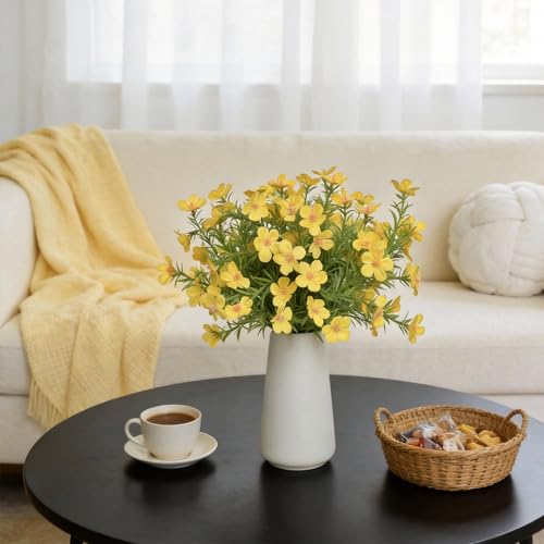 Artificial Yellow Gypsophila Baby's Breath Flowers in Ceramic Vase, 6 Inch White Vase with Faux Cosmos Arrangement, Farmhouse Table Centerpiece for Home Office Shelf Desk Decor - color: Yellow