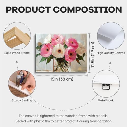 Poppy Bouquet Wall Art, pink white poppies, impressionist wall decor, laminated paper unframed canvas print, botanical poster artwork, for dining room kitchen gift, 15x12 inch - color: Pink And White Peony Glass Vase