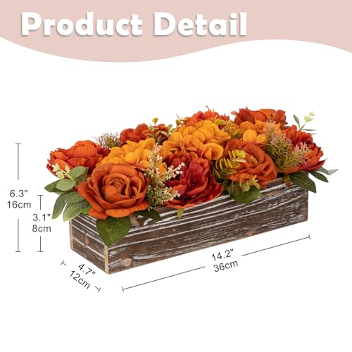 DILATATA Flower Arrangement with Wooden Vase 14" Artificial Flowers in Pot - Fake Flowers Roses Peonies Hydrangeas in Wooden Vase Potted Flower Centerpieces for Table Decor Living Room - Dried Orange - color: 14"l Dried Orange