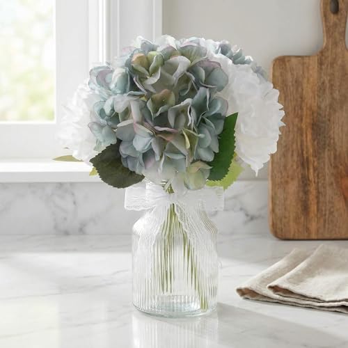 Fake Flowers in Vase,11" Full Silk Blue Hydrangea Artificial Flowers Arrangment with Glass Bud Vase for Centerpiece Table Decoration for Home Bathroom Bedroom Office Desk Decor Indoor(Blue) - color: Dusty Blue