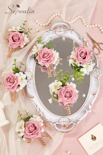 Serwalin 6PCS Pink Rose Boutonniere for Men Wedding Groom Groomsmen Best Man Boutonniere for Wedding Ceremony Anniversary Prom Flowers Formal Dinner Party - color: Pink, size: Boutonniere 6pcs