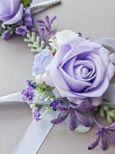 Corsage and Boutonniere Set with Red Roses for Bride, Groom, Bridesmaids Groomsmen Weddings, Proms, Homecomings. Perfect Party Suit Decor Wedding Flowers Accessories (Purple) - color: Purple