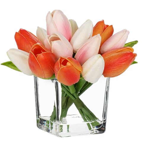 DILATATA Artificial Tulips in Vase with Faux Water 5.5" Real Touch Mixcolor Flowers Fake Tulips Small Flowers Arrangement in Cube Glass Vase for Mother's Day Table Centerpiece Wedding Home Decor - color: Square Vase/Mixcolor/1 Set