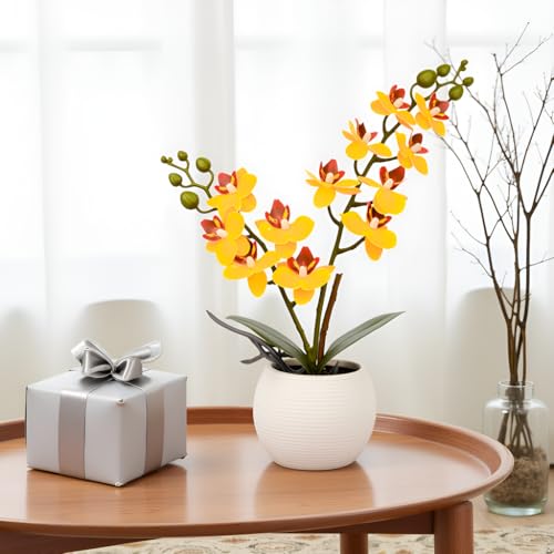 Artificial Orchid Yellow Flower Potted in White Pot, Real Touch Faux Phalaenopsis Orchid for Wedding Home Office Party Decor - color: Yellow