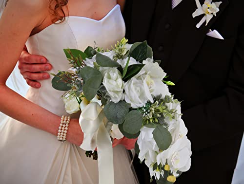 Artificial Bridal Bouquet, 11 Inch White Artificial Wedding Bouquets for Bride Bridal Bouquet Bridesmaid Bouquet Tossing Bouquet for Wedding Ceremony and Anniversary(White) - color: White