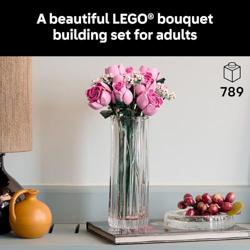 LEGO Botanicals Bouquet of Pink Roses Artificial Flowers - Building Blocks for Adults, Ages 18+ - Gifts for Birthdays for Her - Flowers for Home Office, Shelf or Room Decor - 10374