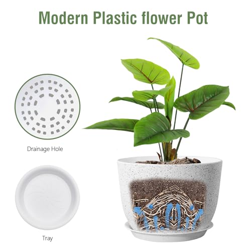 Meowell Plant Pots 12 inch, Plastic Planters with Drainage Holes and Saucers, Large Flower Pots for Indoor Outdoor Plants, Modern Decorative Pots for Garden House Plants, Speckled White - color: Speckled White, size: 12inch C
