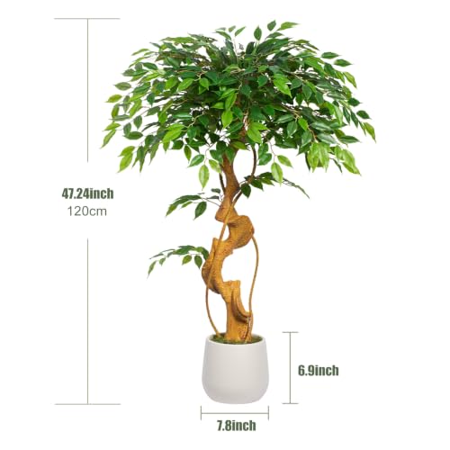 4FT Artificial Ficus Tree, 48in Fake Silk Tree with Curved Trunk & 930 Lush Leaves, Faux Floor Plant with White Pot, Low-Maintenance Decor for Home, Office, Patio - color: Ficus Tree 4ft