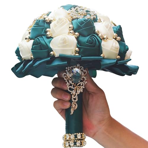 Emerald Green and Ivory Bridal Wedding Bouquet with Gold Brooch Rhinestone Pearl Satin Rose Flower Bouquet for Bride Bridesmaid Quinceanera Wedding Emerald Green and Ivory 9.5in - color: Dark Green & Ivory, size: Diameter: 9.5 inches