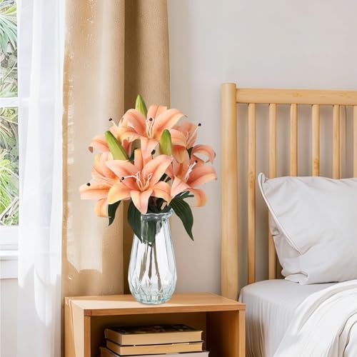 6 Pcs Artificial Lily Flowers with Glass Vase, 19.7" Faux Stargazer Lily Stems with 2 Blooms and 1 Bud Each, Faux Tiger Bouquets for Home, Hotel, Party Flower Arrangement Decor (Champagne) - color: Champagne, size: Lily