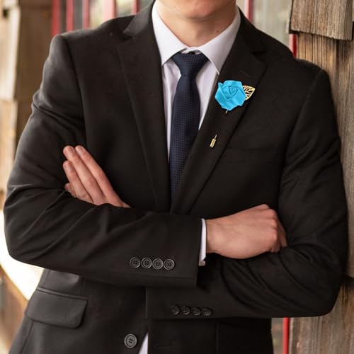 M METERXITY 12-Pack Flower Lapel Pins for Men, Golden Leaf Rose Boutonnieres Pin for Wedding/Dance/Party, Mens Lapel Pins for Suits Satin Flower Corsage Hat Pins [Blue] - color: Blue