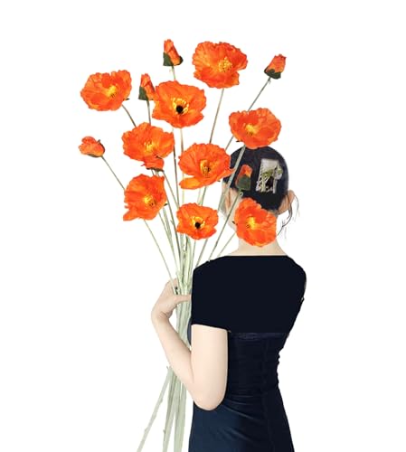 Artificial Poppies,6PCS Faux Orange Poppy Flowers 35.43in Long Stem Poppies Silk Flowers for Tall Vase Wedding Party Home Decor(Orange) - color: Orange