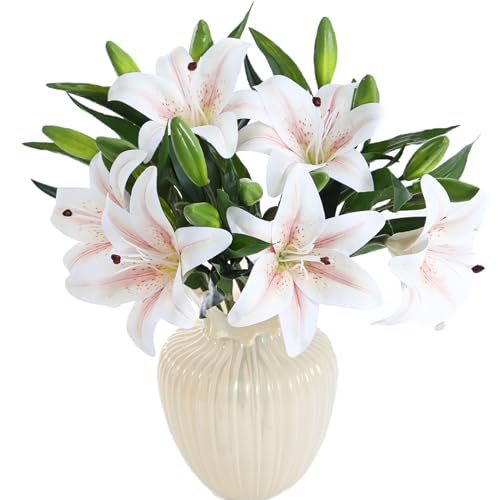 Kimura's Cabin 6Pcs Tiger Lily Artificial Flowers Real Touch Faux Lilies with Stems Fake Plants Lilys Bouquet for Easter Floral Arrangements Wedding Home Table Centerpiece Decor(Pink core White) - color: Pink Core White