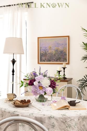 WELL KNOWN Artificial Flowers in Vase, Fake Lavender & Silk Peony Flower Bouquet Centerpieces in Glass Vase with Fake Water for Home Wedding Party Dining Table Decor & Mom's Gift (Purple Mixed Plus) - color: Lavender Purple Mixed Plus