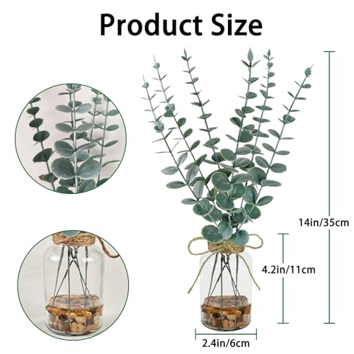 2 Pack Artificial Eucalyptus Stems in Glass Vases, 14" Fake Plants with Faux Water Stones, Small Faux Plants for Kitchen Bathroom Shelf Coffee Table Decor (Green) - color: Green