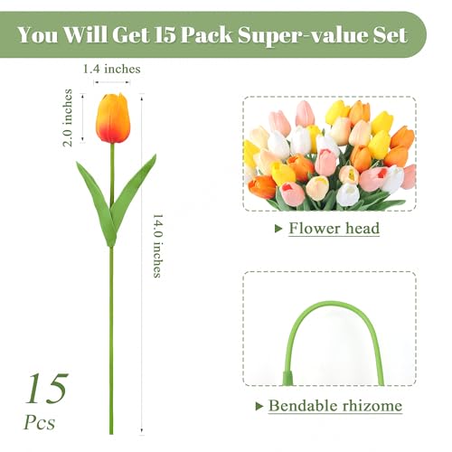 SITUMEIZI Fake Flowers Tulips Artificial PU Flower 15pcs Real Touch 14" for Spring Easter Home Kitchen Wedding Bouquet Bulk Mother's Gift Day Decorations(Multicolor,5-2) - color: White,pink,sunset Red,light Orange,yellow