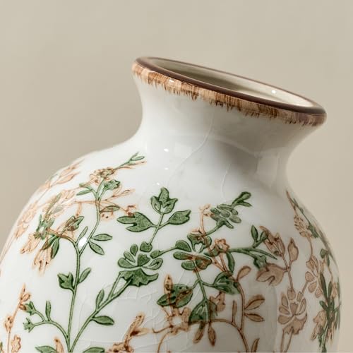 Green and Beige Antique Vase, 7.95" Vintage Chinoiserie Floral Vase, Modern Farmhouse Ceramic Vase for Home Decor, Living Room, Bookshelf, Office, Entryway, Garden, Chinoiserie Decor, Tuscan Decor - color: Green and Beige- 7.95"