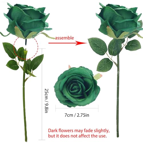 Felice Arts 12 Pack Green Roses Artificial Flowers with Stems Silk Roses for Vase Fake Flowers Bouquet for St Patricks Day Wedding Table Home Kitchen Party DIY Christmas Decor - color: Green