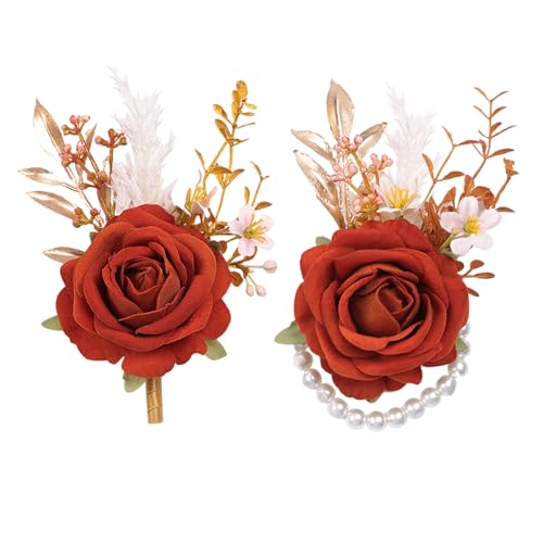 Burnt Orange Wrist Corsage and Boutonniere Set, Flower On Wrist for Bride Bridesmaid Wedding, Boutonniere for Men Groom Groomsman Wedding Accessories Prom Party Suit Decorations - color: Wrist Corsage and Boutonniere Set-orange